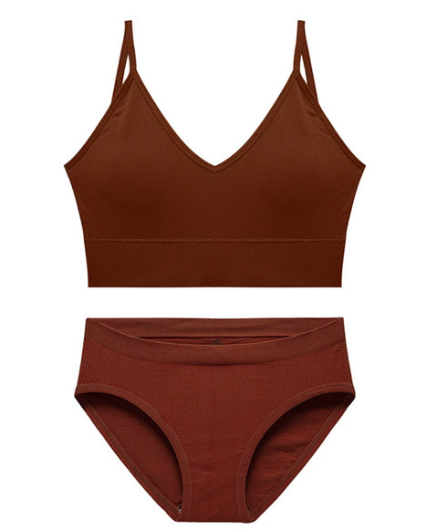 Brown Rib Cotton Matching Set for Women