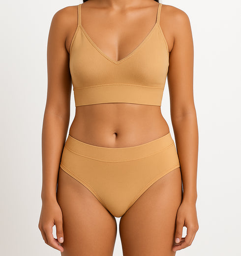 Beige Rib Cotton Matching Set for Women